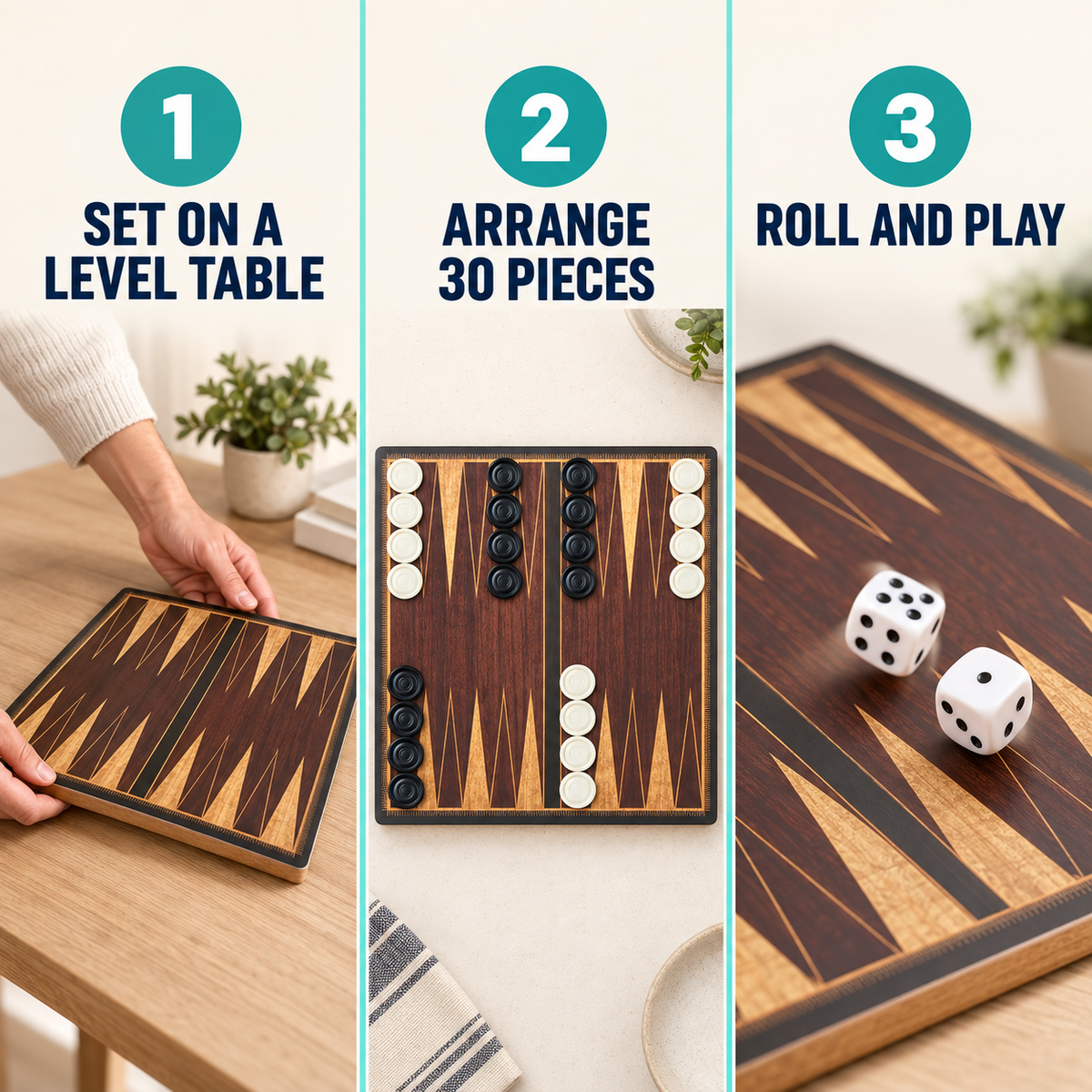 Wooden Desktop Backgammon Game, 10 Inch Board with 30 Black and White Pieces and 2 Dice