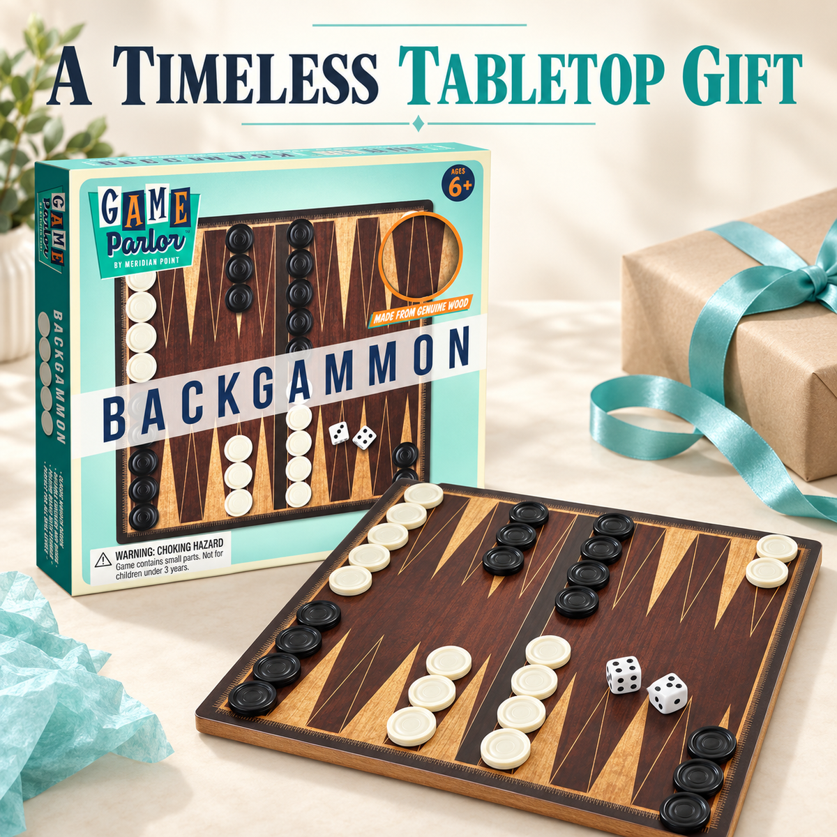 Wooden Desktop Backgammon Game, 10 Inch Board with 30 Black and White Pieces and 2 Dice