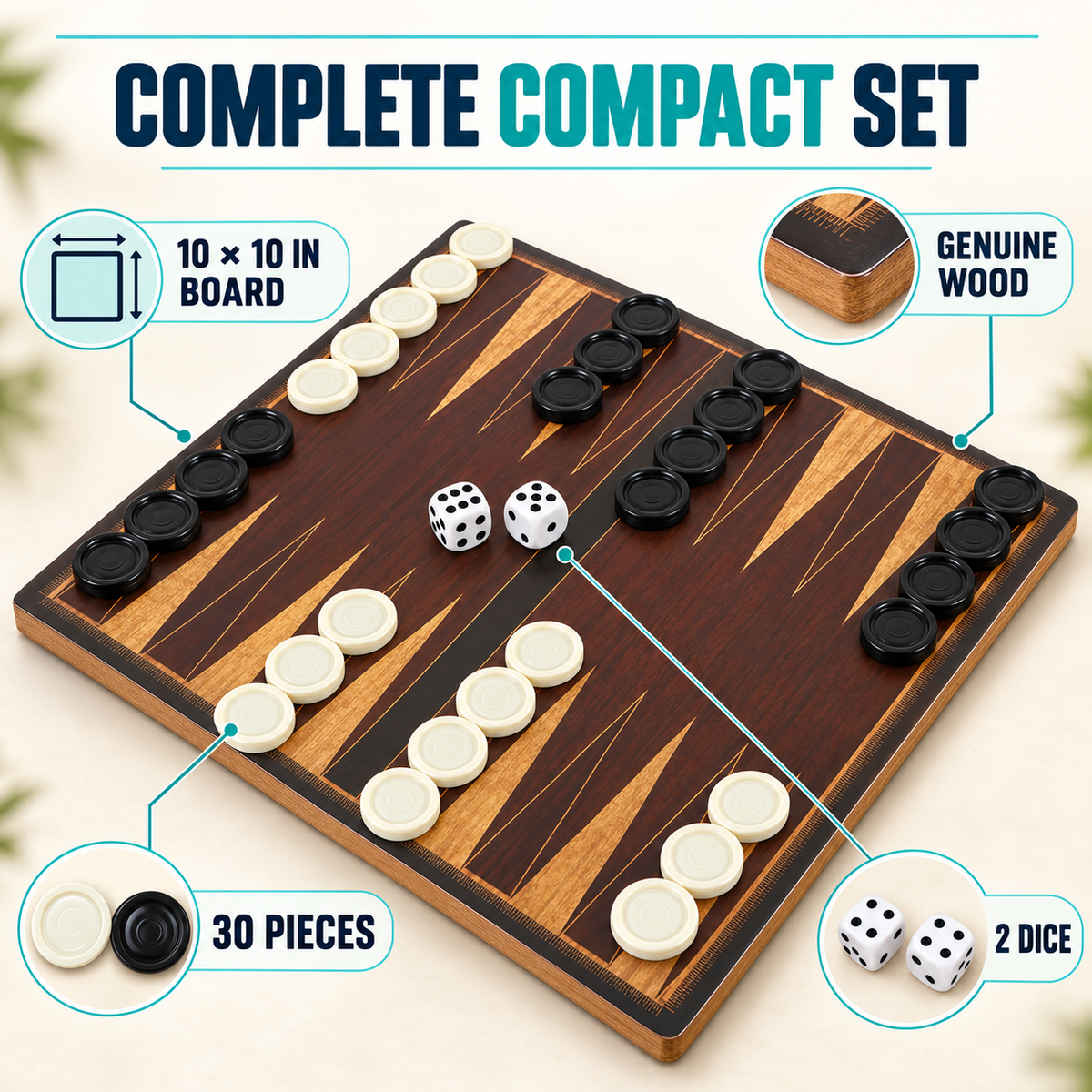 Wooden Desktop Backgammon Game, 10 Inch Board with 30 Black and White Pieces and 2 Dice