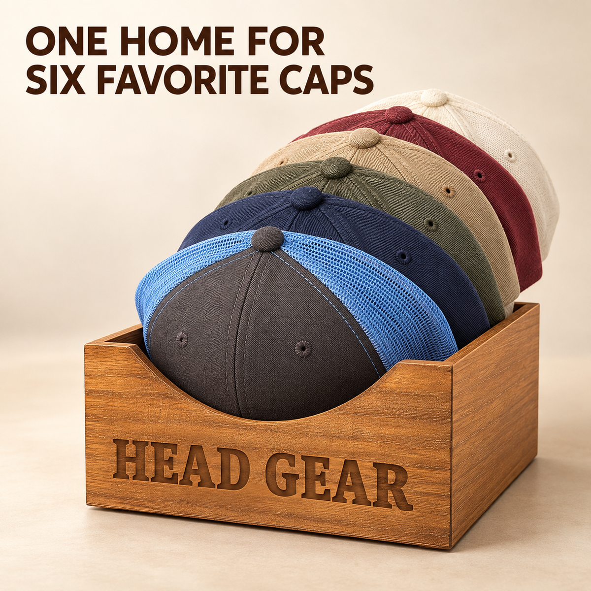 Natural Wood Ball Cap Holder for 6 Hats