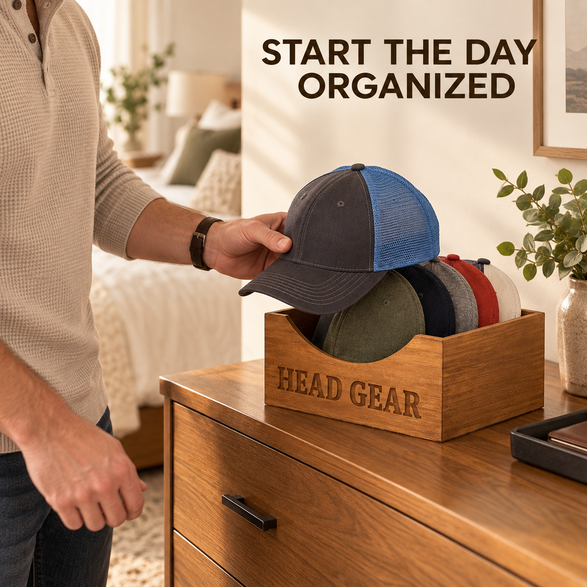 Natural Wood Ball Cap Holder for 6 Hats