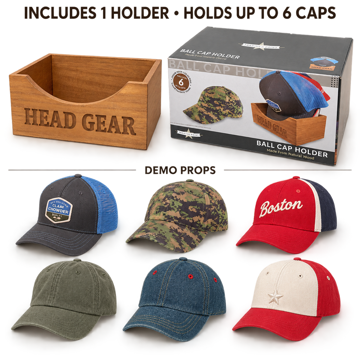Natural Wood Ball Cap Holder for 6 Hats