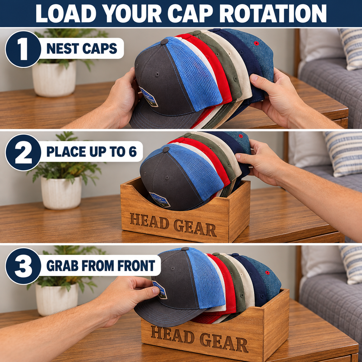 Natural Wood Ball Cap Holder for 6 Hats