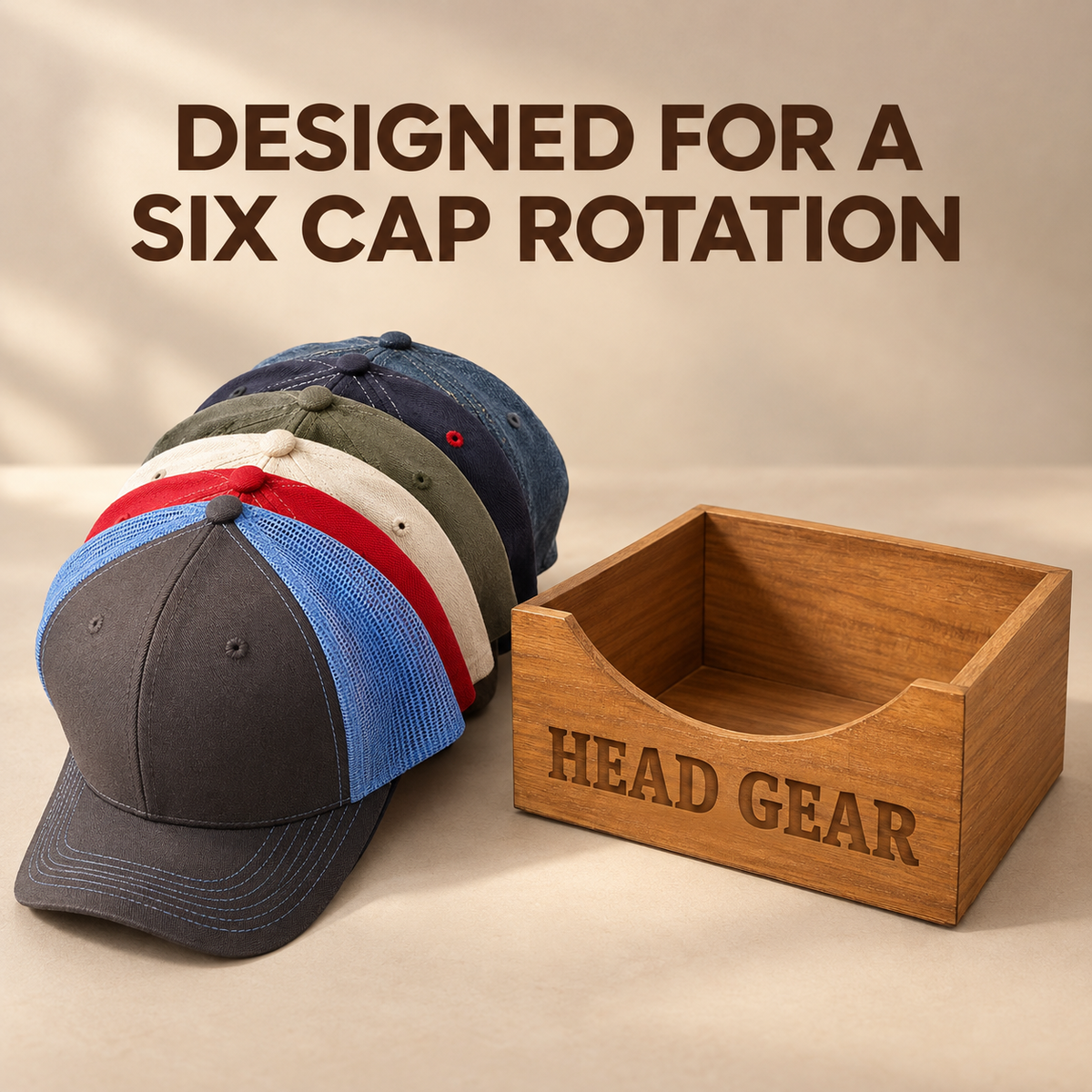 Natural Wood Ball Cap Holder for 6 Hats