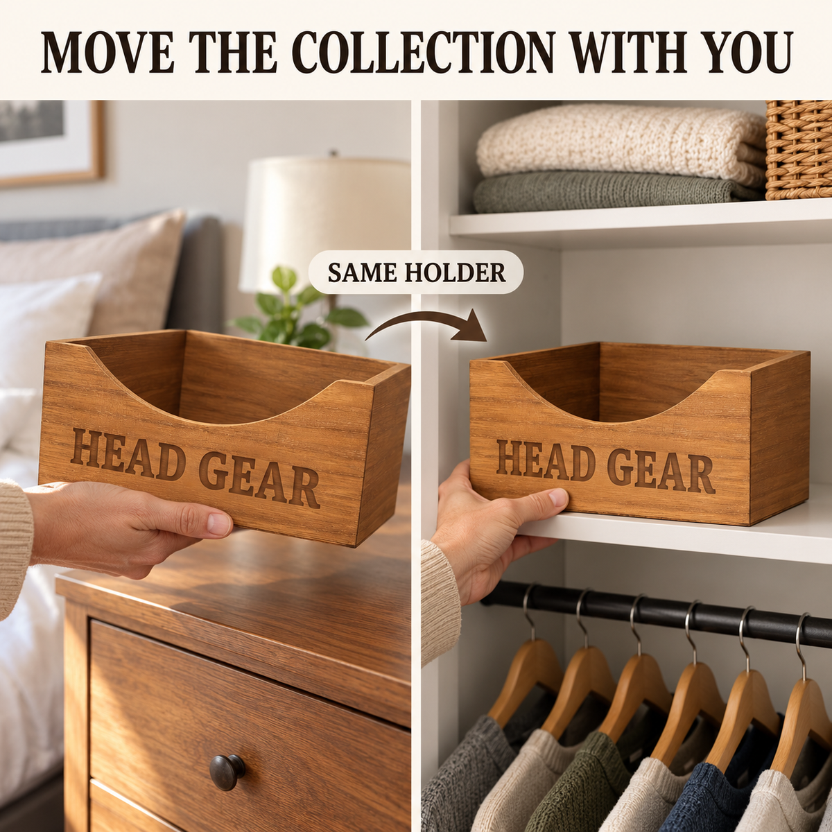 Natural Wood Ball Cap Holder for 6 Hats