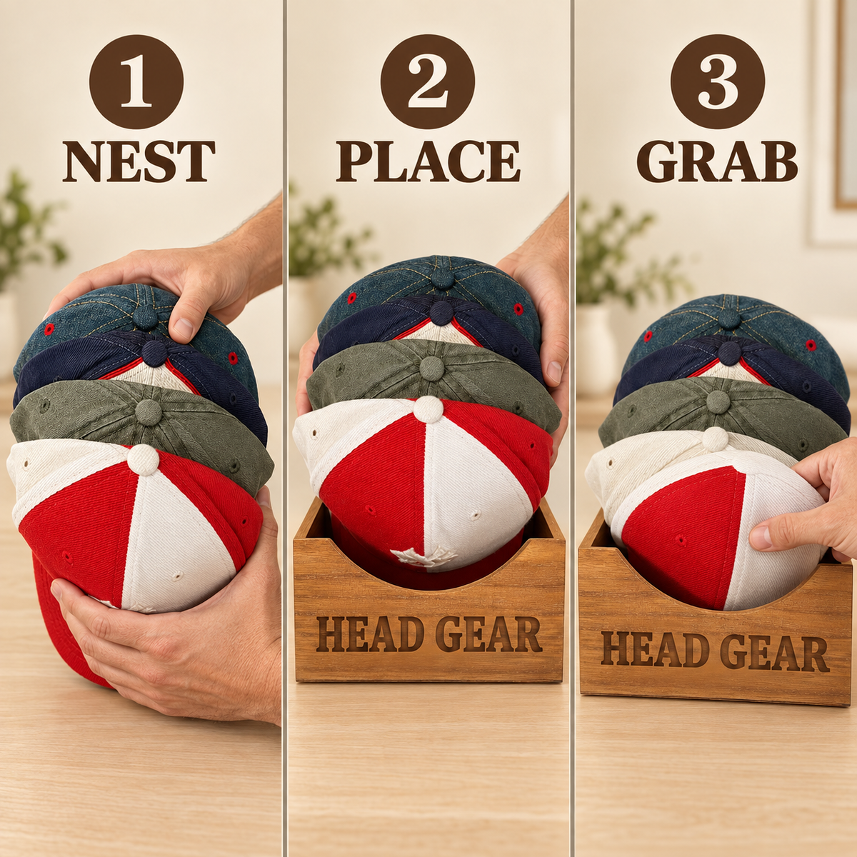 Natural Wood Ball Cap Holder for 6 Hats